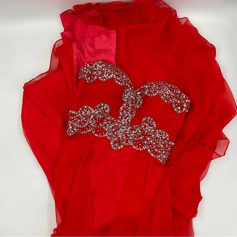 Mac Duggal Strapless Red Gown with Silver Detailing - Picture 2 of 16